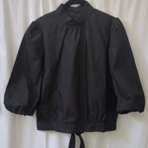 Aleeza Paris Puffy Sleeved Black Top Size Large. High Neck Back Snaps And Bow